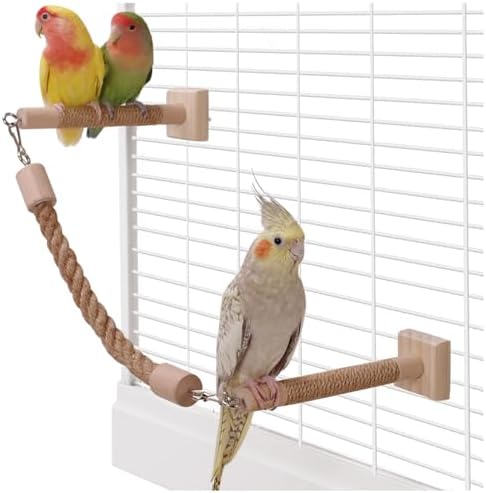 La La Pet Bird Rope Perches for Cage Natural Wood Standing Perch Hanging Bridge and Swing Interactive Birds Toys for Conures Budgies Parakeets Cockatiels Lovebirds 2-Set