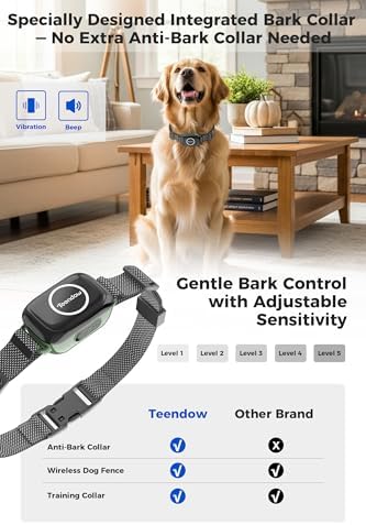 Teendow Wireless Dog Fence with Remote, Dog Training Collar IPX7 Waterproof, Wireless Dog Fence System with HD Display, Electric Perimeter Collar, Tool-Free, Rechargeable, Pet Training & Bark Control