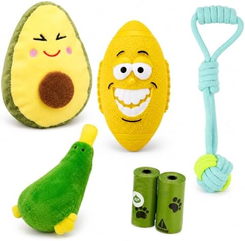 Puppy Toys for Small Dogs, 6 Pack Dog Toy Bundle with Squeaky Plush Toys, Latex Chew Toy, Rope Tug Toy & Poop Bags, Interactive Toys for Teething Puppies(Lemon Yellow)