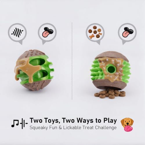 MECOOL 2PCS Durable Dog Chew Toys, Squeaky Chew Ball & Treat Dispensing Toy, Tough Nylon Ends & Natural Rubber for Aggressive Chewers, Interactive Puzzle Toys for All Breed Dogs,Bacon Flavored,Green