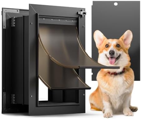 Doggy Door, All Aluminum Dog Door for Wall, Medium Doggie Pet Door, with Closing Panel, 2 Magnetic Flaps Energy Efficient, Wide Telescoping Tunnel for Interior & Exterior Walls, Pet Up to 45Lbs Black | 2 Magnetic Flaps, Energy Efficient, Wide Telescopi...