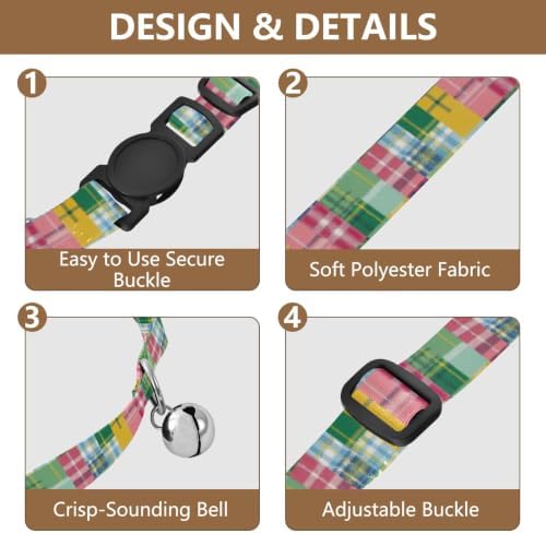 2 Pack Pet Collars Plaid Tartan Squares Colorful Decorative Pet Collar with Bell, Adjustable Length 10.6" to 17.1"