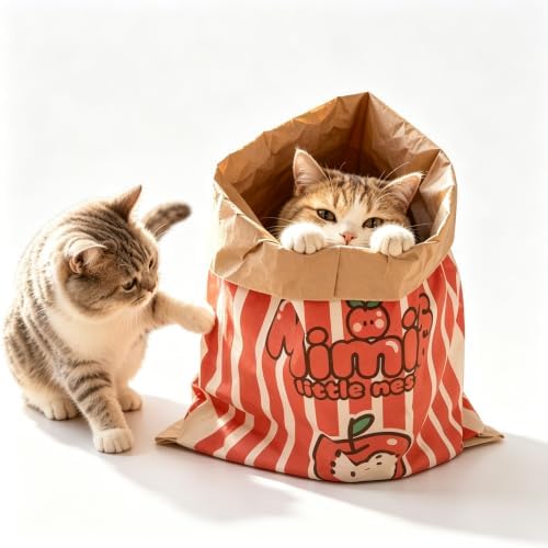 Crinkle Cat Sack, 25.6 x 19.7 Inch Large Cat Play Bag, Interactive Kraft Paper Cat Hideaway & Tunnel Toy, Foldable Cat House, Cute Room Decor (Apple)