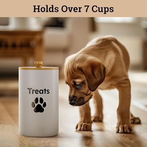 Ceramic Dog Treat Container Airtight with Bamboo Lid, 5"W x 9"H, 7 Cups