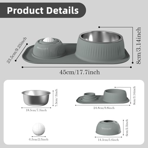 Slow Feeder Dog Bowls Set 2 in 1,Anti-Slip Dog Lick Bowl with Rolling Ball,Interactive Slow Eating Toy for Liquid and Thick Treat,Dog Licking Toy for Large Medium Small Dogs and Cats.(Gray)