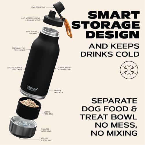 asobu Dog Barky Bottle – Insulated Stainless Steel Water Bottle with 2 Removable Dog Bowls for Food, Treats & Water – Pet-Friendly Travel Bottle for Hiking, Road Trips & Outdoor Adventures