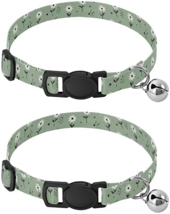 White Daisy Flowers Sage Green Easy to Clean Small Dog Collar 2 Pack Pet Collars for Cats