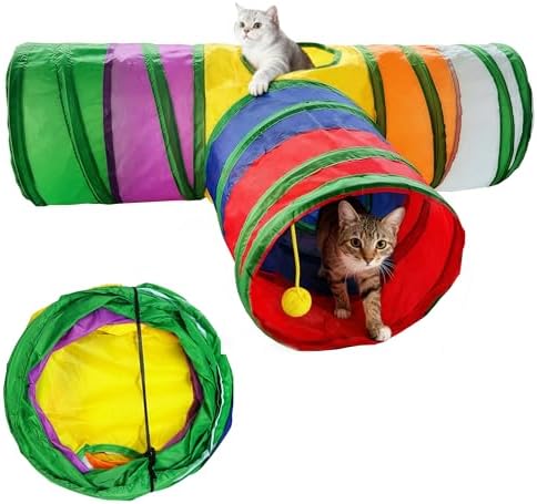 Cat Tunnel,Cat Tunnels for Indoor Cats Interactive, Pet Tunnel Toys for Cats Kitten Rabbits,3 Way Collapsible,Rainbow L 32" T Shape
