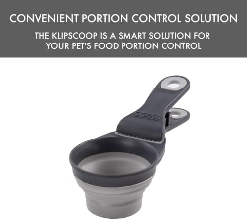 Dexas Popware for Pets Collapsible Klip Scoop, 3-in-1 Pet Food Scoop, Measuring Cup and Bag Clip, 1/2 Cup Capacity, Light Gray