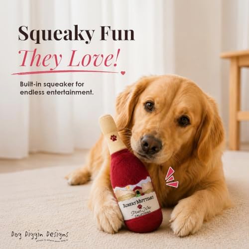 Dog Diggin Designs Robert MUTTdavi Wine Plush Dog Toy | Luxury-Inspired Parody Wine Bottle Dog Toy with Squeaker, Soft Plush Novelty Dog Toy – Shaken, Not Stirred!