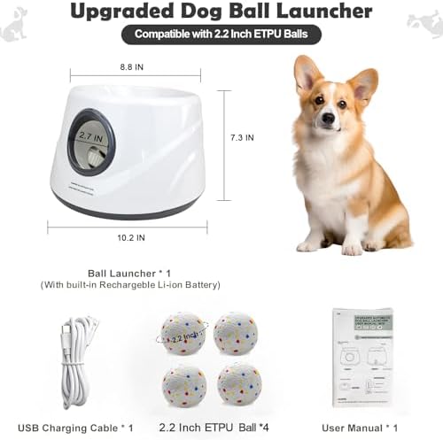 MEKAPLE Automatic Dog Ball Launcher, Upgraded Interactive Dogs Balls Thrower for Small Dogs, Distance Adjustable Mental Stimulating Dog Toys with 4 Durable Etpu Balls 2.2 Inch (Silver Grey)