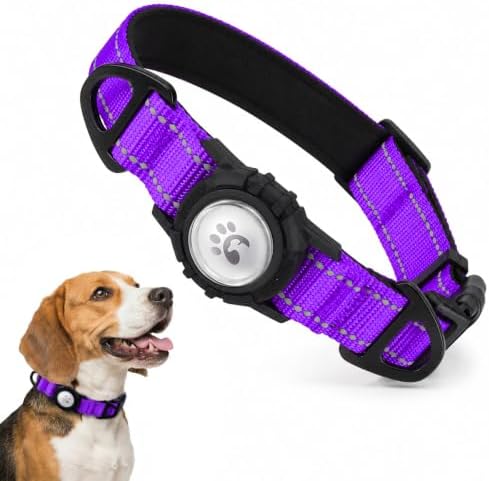 Padded Dog Collar with Waterproof Holder Compatible with Airtag