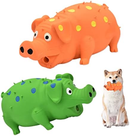 Pig Squeaky Dog Toy, 2 PCS Interactive Rubber Dog Chew Toy - Durable Latex Spot Grunting Pig Toys that Oink for Small Medium Large Dogs (Orange, Green)