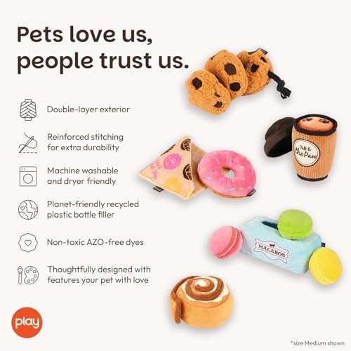 P.L.A.Y. Cute Plush Dog Toys - Pup Cup Cafe Coffee Shop Themed Durable Squeaker Chew Toys for Medium & Large Dogs - Machine Washable, Recycled Materials (5 Piece Set, Medium)