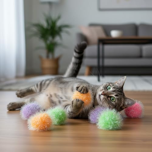 Psyqtsuary 12 Pcs Cat Ball Toys, 2 Inch Sparkle Fuzzy Balls Interactive Cat Toy Soft Pom Pom Sparkle Fuzzy Balls Assorted Color