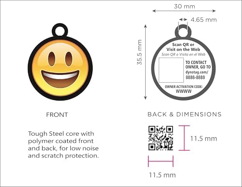 Dynotag® Web Enabled Super Pet ID Smart Tag with DynoIQ™ & Lifetime Recovery Service. Play Series: Round (Happy Face)