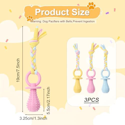 3Pcs Pet Molar Clean Teeth Rubber Toy, Dog Pacifier With Rope, Dog Chew Toys for Aggressive Chewers, Rubber Puppy Pacifier Chewing Playing Training Toys for Small Dogs & Adult Cat, 3 Cute Colors