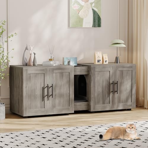Cat Litter Box Enclosure for 2 Cats,55" Large Hidden Litter Box Furniture with Barn Door & Double Rooms,Modern Indoor Pet House TV Stand Side Table,Cats Washroom,for Bedroom Living Room,Grey