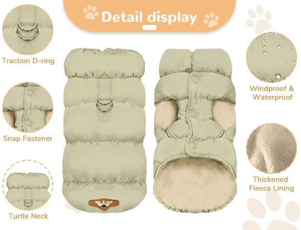 ABRRLO Winter Warm Dog Jacket for Small Medium Dogs Cat Cold Weather Coats with Harness Paded Dogs Fleece Vest Waterproof Windproof Dog Snow Jacket Pet Puppy Clothes (Khaki,XL)