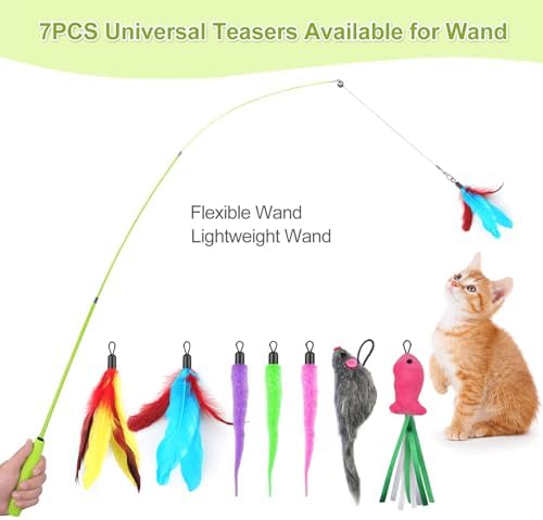 ChicWow Interactive Retractable Cat Wand & Hanging Toys for Cats - 2 Wands, 2 Hanging, 7 Teaser Cat Toys for Indoor Adult Cats Kitten, Includes Feather, Mouse, Fish, Worm, 1 Spare Elastic Rope