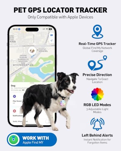Pet Tracker for Dogs Cats, Location & LED Night Light Tag, No Monthly Fee | Compatible with iPhone, Compatible iOS, IPX7 Waterproof Collar Tag, 360-Day Battery, Paw Print Design, Lightweight 25g