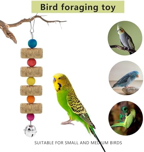 4Pcs Bird Chewing Toy, Parrot Cork Gnawing Skewers With Bell, Hanging Colorful Wooden Bead Cockatiels Beak Trimming for Birdcage (Four Packs-Bell Parrot Toy)