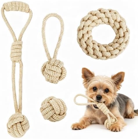 4 Pack Dog Rope Toys for Small Dogs, Heavy Duty Puppy Teething Sturdy Cotton Chew Tug Ropes, Tough Interactive Tug Pull Rope for Dogs, Teeth Cleaning