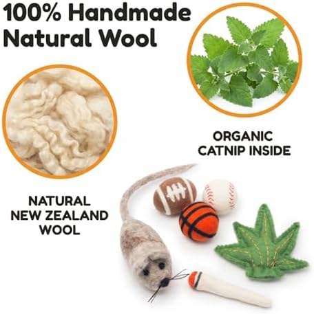 Glaciart One Felt Cat Toys Set (6pc) – Handmade Wool Catnip Toys for Indoor Cats | Eco-Friendly Natural Wool Balls, Mouse & Joint Toys | Durable Cat Enrichment Toys for Exercise & Play