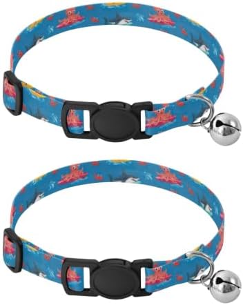 Cartoon Sea Animals Sharks Cat Collar Breakaway with Bell 2 Pack Pet Collar Adjustable 10.6 to 17.1 Inches