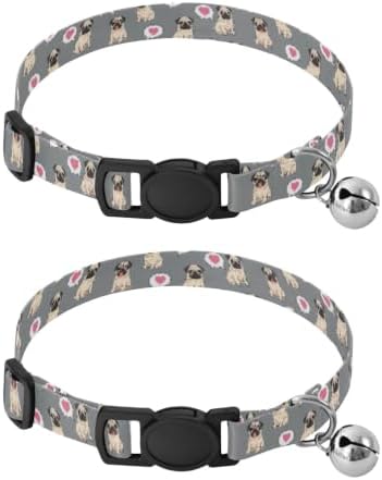 2 Pack Small Dog Collar Cute Pugs Heart Gray Cat Collars with Bell, Adjustable Length 10.6" to 17.1"