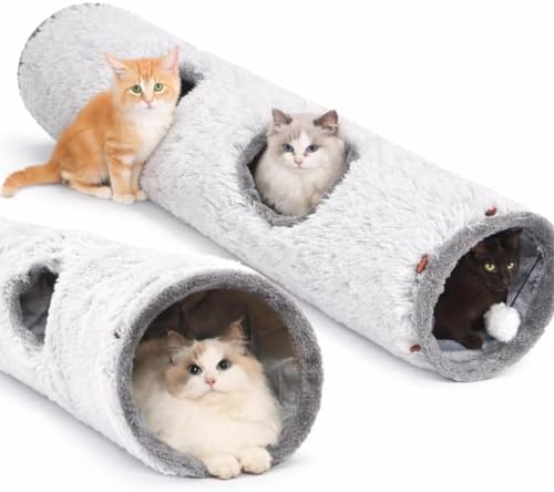 Cat Tunnels for Indoor Cats – Cat Crinkle Tunnel – Collapsible Long Plush– Cat Tube Cute Cozy Pet Play for Hours of Fun (47" / Pearl Gray)
