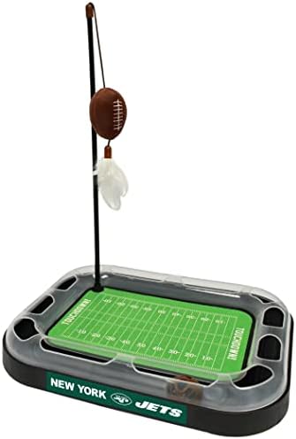 Cat Scratching Pets First NFL New York Jets Football Field CAT Scratcher Toy with Catnip Filled Plush Football Toy & Feather Cat Toy Hanging & Jingle Bell Interactive Ball Cat Chasing 5-in-1 Kitty Toy