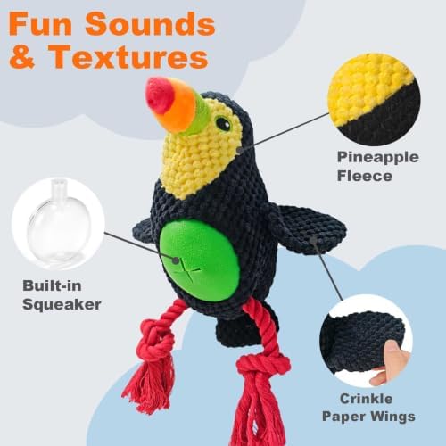 Black Toucan Bird Dog Chew Toy, 10.6 in, Squeaker Rope Treat Toy