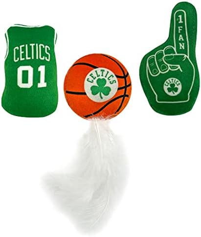 BEST PLUSH CAT TOY: NBA BOSTON CELTICS Complete Set of 3 piece Cat Toys filled with Fresh Catnip. Includes: 1 Jersey Cat Toy, 1 Basketball Cat Toy with Feathers & 1 #1 Fan Cat Toy. Beautiful Team LOGO