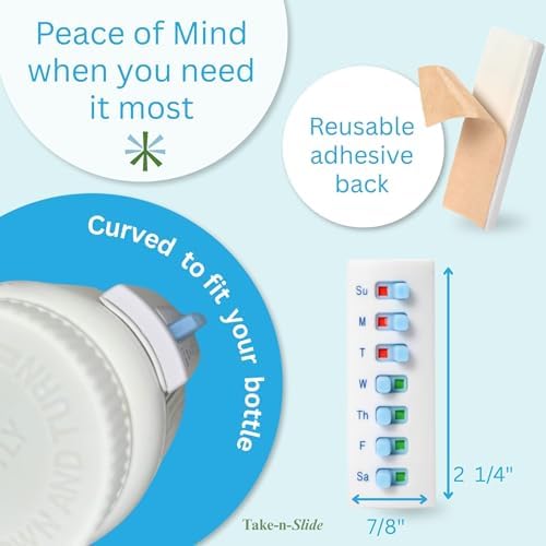 TAKE-N-SLIDE Peel and Stick Reusable for 12 + Refills, Pill/Medication/Vitamin/Pet Med Tracker & Reminder, Attach to Your Bottle, Organizer-Free, Curved‑Back (White, 5-Pack)