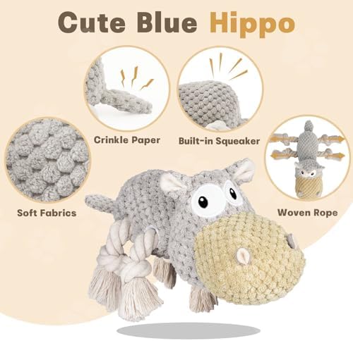 TOOPTATE Hippo Squeaky Dog Toy, Gray, Medium