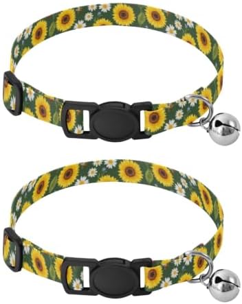 2 Pack Cat Collar Yellow Sunflowers Kitten Collar with Bell, Adjustable Length 10.6" to 17.1"