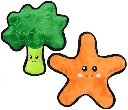 Durable Plush Dog Toys, 2 Pack Pet Squeaky Chew Toys, Double Layer Reinforced Interactive Pet Toys for Aggressive Chewers, Tough Toys for Medium and Large Dogs (Orange Starfish+Green Broccoli)