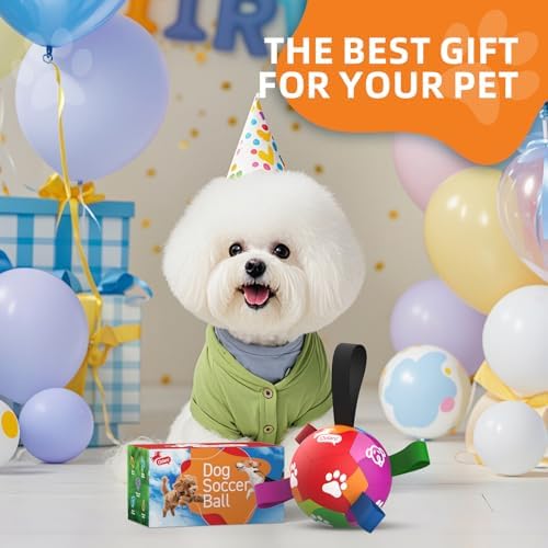 QDAN Dog Toys for Small Dogs, Dog Soccer Ball with Straps, 5 Inch Puppy Toy