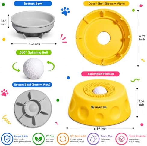 Slow Feeder Dog Bowl with Interactive Roll Ball, Anti-Slip Dog Lick Bowl for Liquid Treats, Bone Broth & Yogurt, Anxiety Relief Boredom Puzzle Feeder for Small Large Dogs