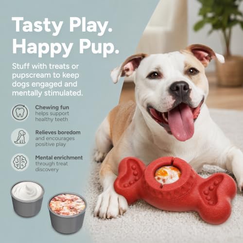 Dog Enrichment Toys - Freezable Treat Dispensing Bone Toy with 2 Lidded Treat Cups and Stuffable Side Grooves, Interactive Dog Busy Toy for Medium Large Dogs