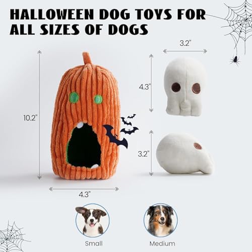 Nocciola Halloween Dog Toys 4 PCS, Pumpkin + 3 Skull Squeaky Dog Toy for Small Puppy Dog to Keep Them Busy, Durable Plush Hide and Seek Dog Toys for Small Medium Dogs