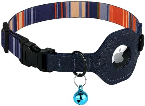 Breakaway Cat Collar with Leather AirTag Holder & Bell - Apple Air Tag Cat Collars for Girls & Boys, Lightweight Anti-Lost GPS Tracker Design, Printed Pattern - Safety and Adjustable (Multicolor)