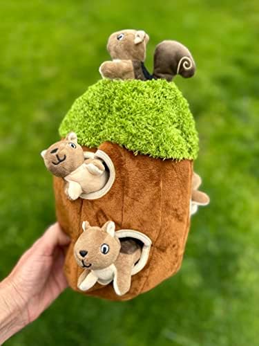 Glow Pups Squirrel in Tree Hide and Seek Plush Squirrel Inside Trunk Interactive Burrow Dog Toy for Small and Medium Size Dogs, Tree with Squirrels