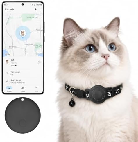 GPS Tracker for Cats, Cat Collar with Tracker for Android Users – No Monthly Fee, Google Find Hub Cat GPS Tracker Collar, IP67 Waterproof, Replaceable Battery Lasts 1 Year