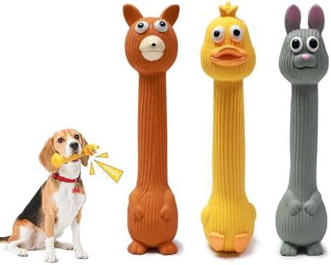 Latex Squeaky Dog Toys, 3 Pack Soft Rubber Dog Chew Toys, 8.7" Standing Stick Animal Pet Toy to Keep Them Busy, Interactive Fetch Squeak Toy for Puppy Small Medium Dogs