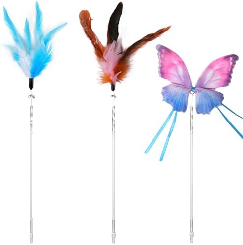 Pawtners 1 Pcs Fluttering Butterfly and 2 Pcs Feather Rods for Cat Toys