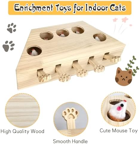 kathson Whack A Mole Cat Toy, Interactive Cat Toy Wood Kitten Puzzle Enrichment Box Catch Mice Game for Indoor Cat Exercise Relieve Boredom