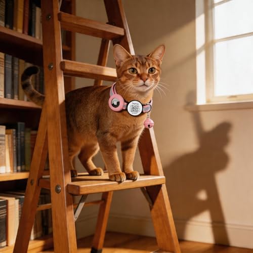 Reflective AirTag Cat Collar, TAGHELP Integrated Air Tag Cat Collar for Apple with AirTag Holder and Bell, Tracker Cat Collars for Girl Boy Cats, Kittens and Puppies (Pink)