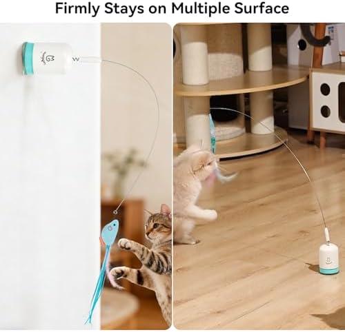 Migipaws Interactive Automatic Cat Teaser Wand Toy with Strong Suction Cup, 70cm Flexible Wire & DIY Bending Design, Rechargeable Cat Exercise Toy with Auto Timer for Indoor Cats (White)